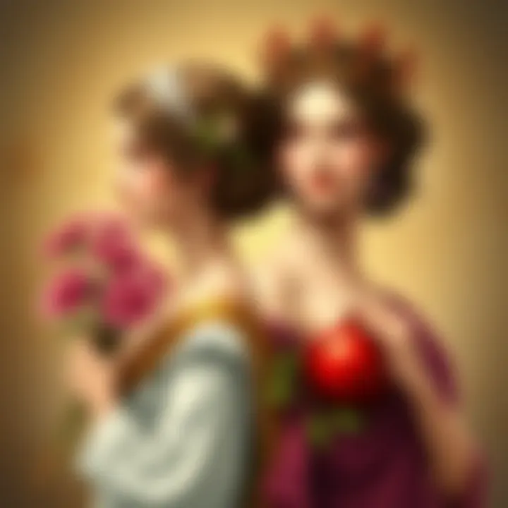 Illustration showing Kore and Persephone side by side, highlighting their similarities and differences. Kore depicted as a young maiden with flowers, while Persephone is shown with a crown and pomegranate, symbolizing their connection and individuality.