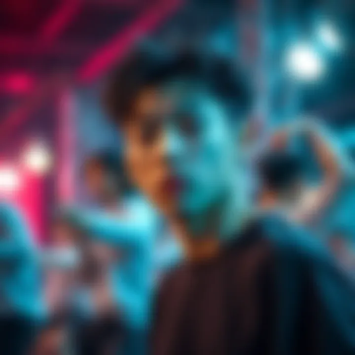 A young K-Pop trainee looks determined while practicing dance moves, showing signs of exhaustion and pressure from intense training, with a reflective expression on their face.