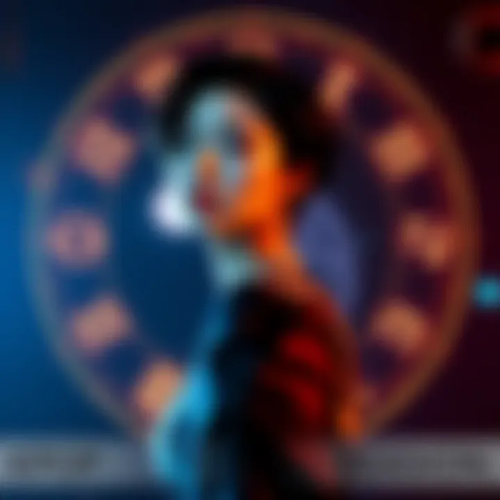 A Kpop artist poses dramatically with zodiac symbols around them, representing the influence of astrology on emotional experiences.