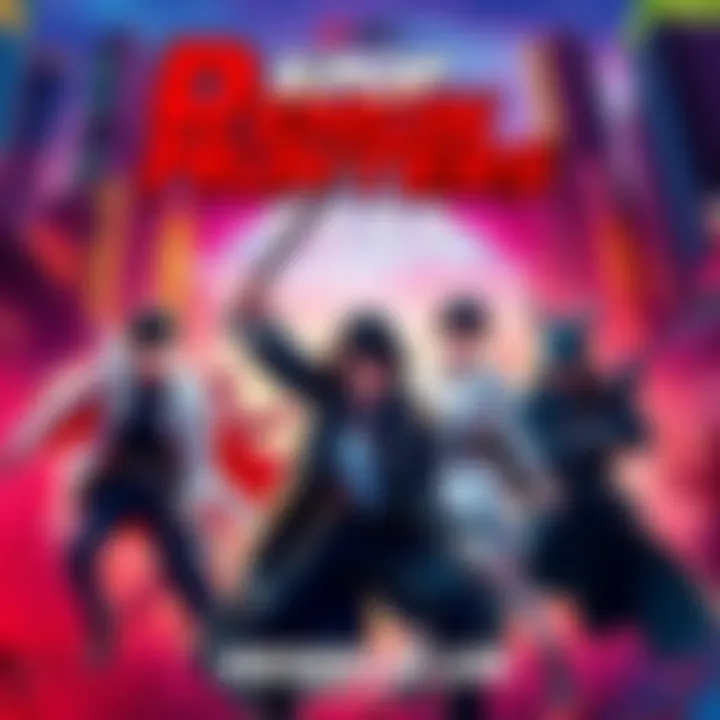 A colorful poster of the movie Demon Hunters, featuring K-Pop style characters fighting demons, with a vibrant city background.