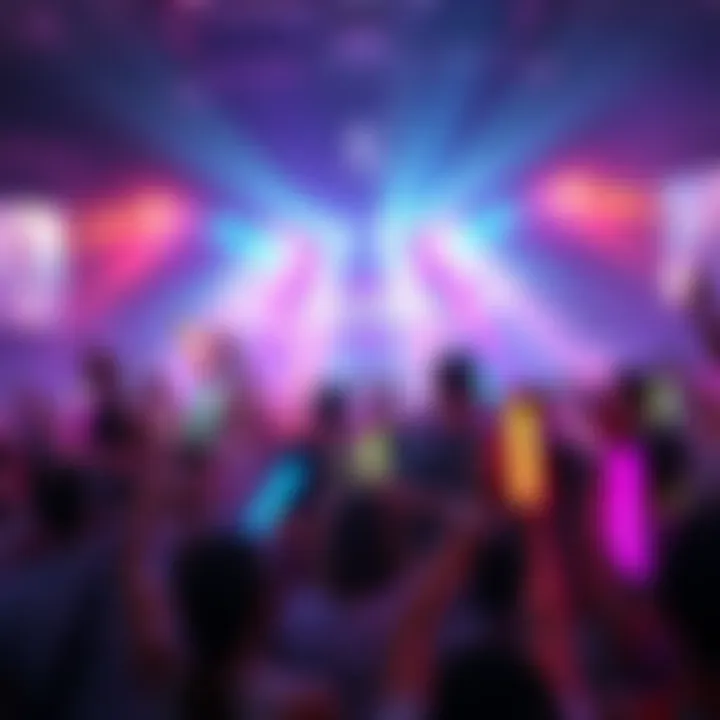 A vibrant K-Pop concert scene with colorful lights and excited fans waving glow sticks