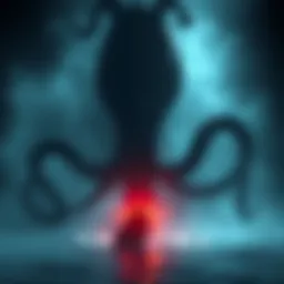A giant squid emerging from dark waters, with a shadowy figure resembling the mythical Kraken nearby, suggesting a connection between the two.