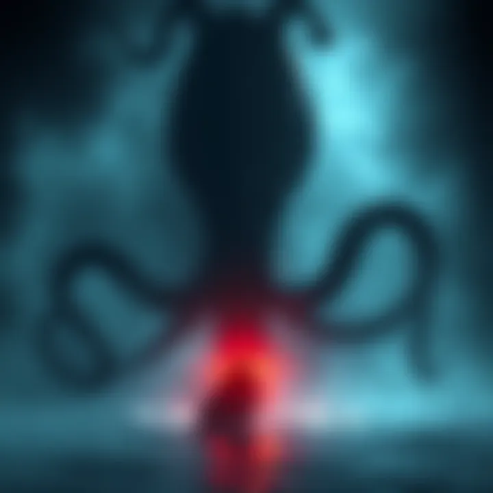 A giant squid emerging from dark waters, with a shadowy figure resembling the mythical Kraken nearby, suggesting a connection between the two.