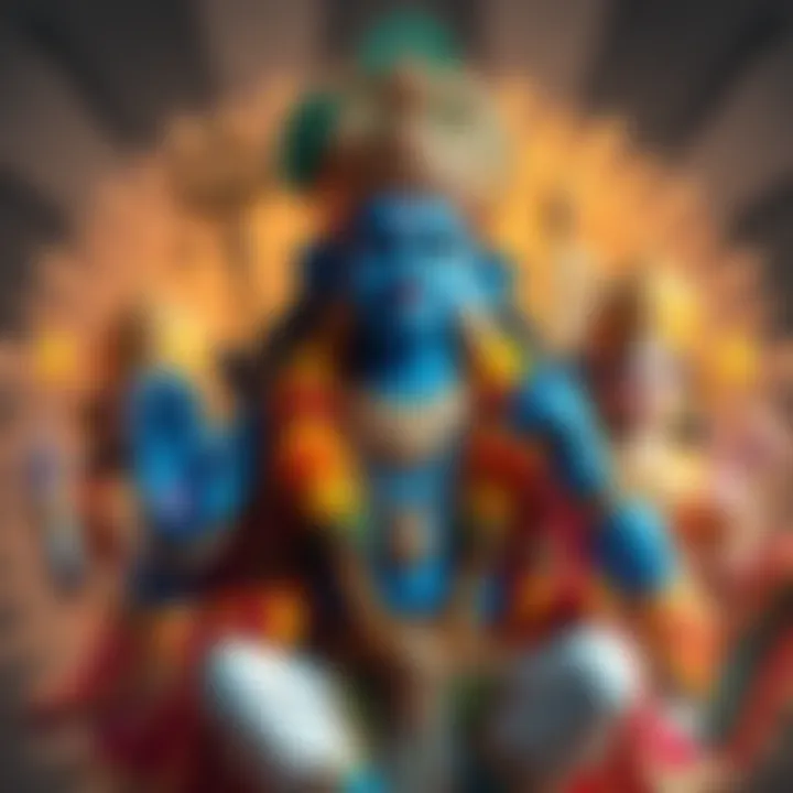 A figure of Krishna in vibrant blue color, symbolizing vastness and inclusiveness, surrounded by other deities