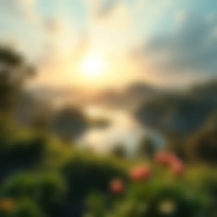 A serene landscape symbolizing the harmony between the present moment and afterlife reflections, featuring lush greenery and a tranquil sky.