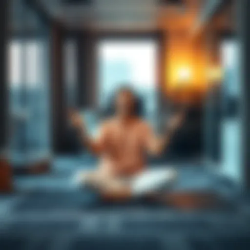 Individual sitting cross-legged on a yoga mat in an office, practicing Kriya meditation with a peaceful expression