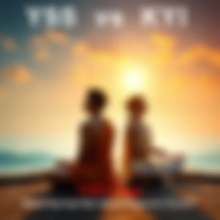 Two individuals practicing Kriya Yoga in a serene setting, representing the YSS and KYI paths.