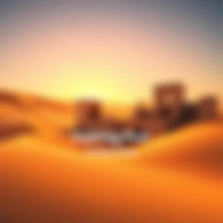 Ancient stone structures of Ksar Draa surrounded by golden sand dunes in the Sahara desert