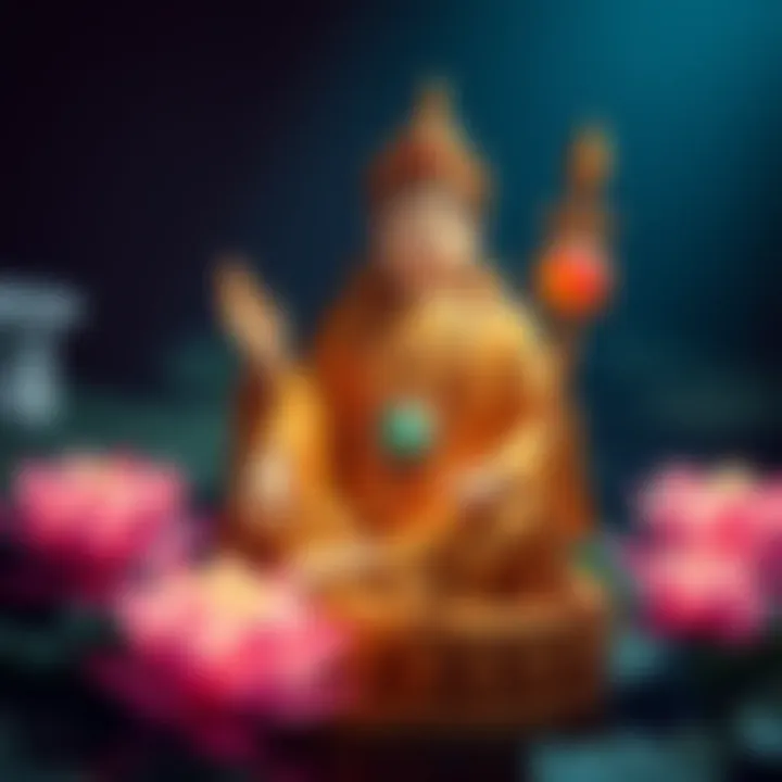 A statue of Kṣitigarbha Bodhisattva holding a staff and a jewel, surrounded by lotus flowers