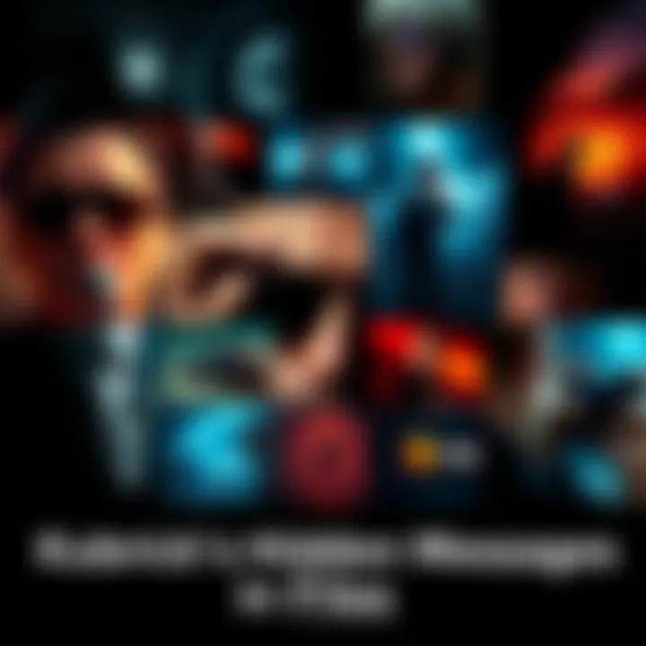 A collage of iconic scenes from Stanley Kubrick's movies, with shadowy elements hinting at hidden messages.