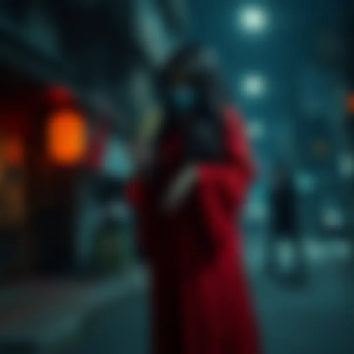 Kuchisake-onna in red dress A tall woman in a red dress with long black hair, holding scissors and wearing a mask, stands in a dark street at night.