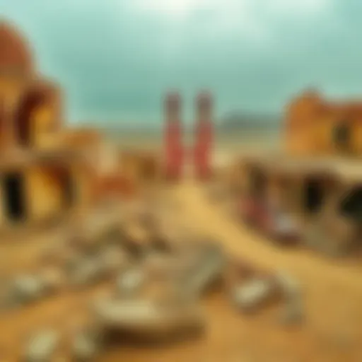 Deserted homes and rubble in Kuldhara, India, surrounded by barren land, evoking a sense of abandonment and history.