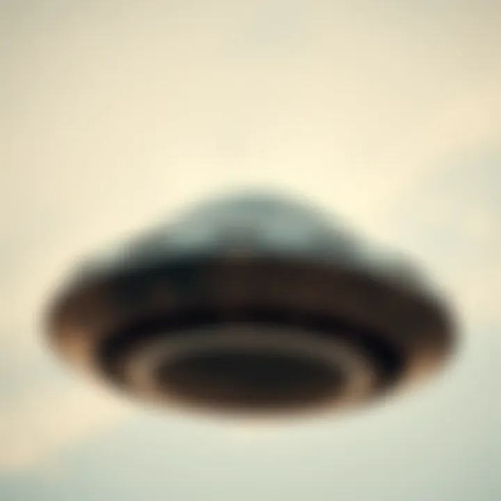 Close-up of UFO Craft A close-up view of an unidentified flying object with visible features and occupants inside. The craft appears metallic and reflective, set against a clear sky.