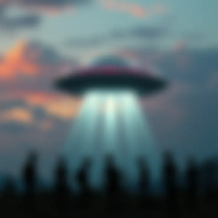 A metallic disc in the sky with dark silhouettes resembling aliens in the foreground