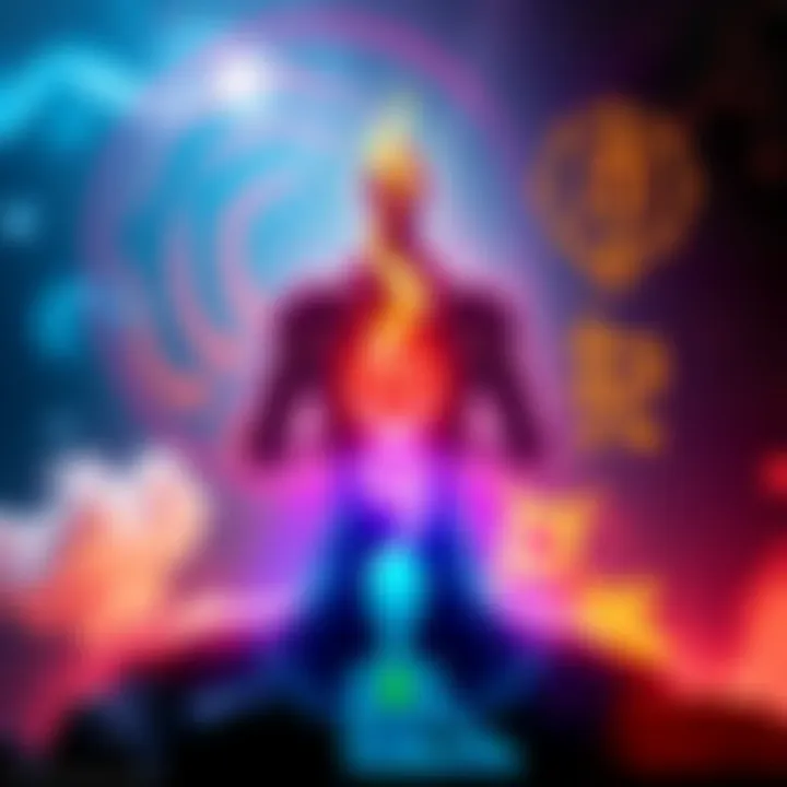 A graphic of Kundalini energy symbolized by a spiral rising through a figure's spine, with vibrant colors depicting energy flow, surrounded by traditional symbols from different cultures.
