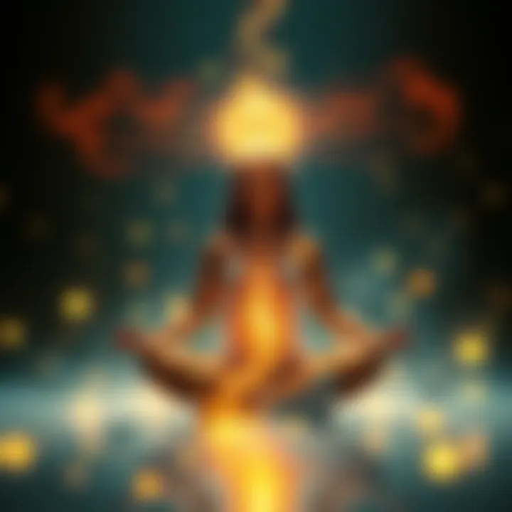 Individual sitting in a meditative pose with glowing energy surrounding them, representing kundalini activation and spiritual connection