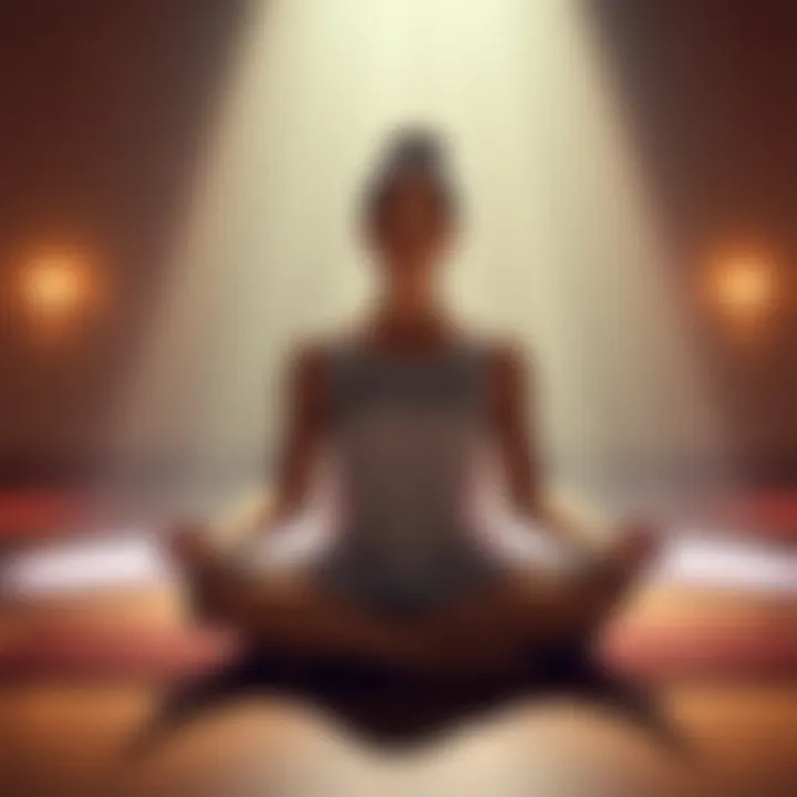 A person sitting in a cross-legged position meditating with a serene expression, surrounded by soft light and calming colors, representing the essence of Kundalini meditation.