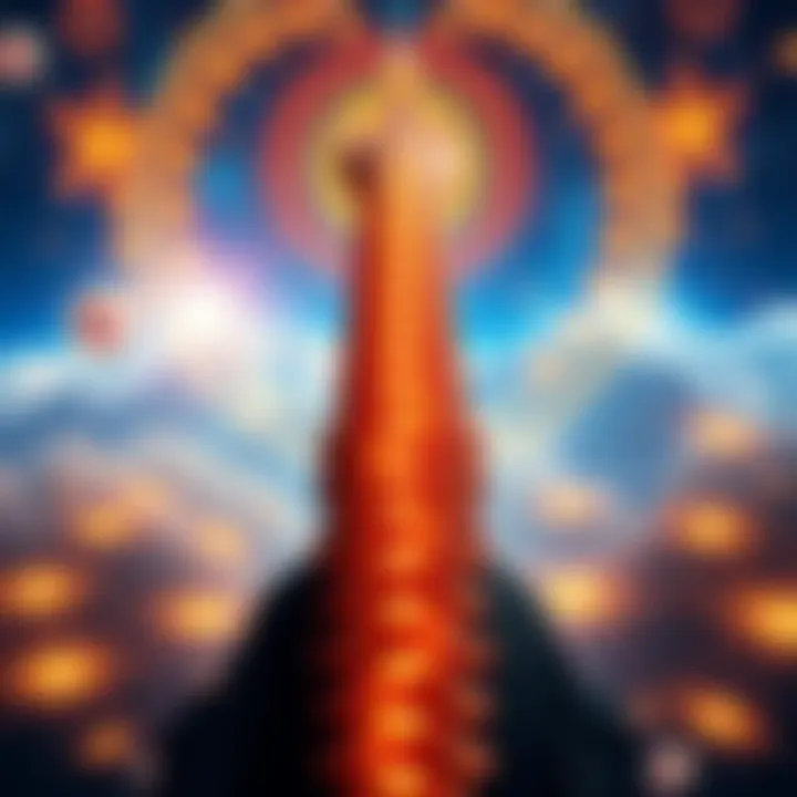 A visual representation of Kundalini energy rising along a spine, with a cosmic backdrop symbolizing Quantum Immortality and interconnected realities.