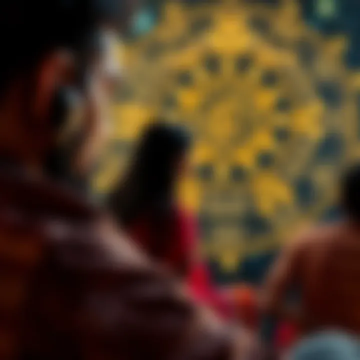 A person listening to an audio Kundli reading focused on Atmakaraka, with astrological symbols in the background.