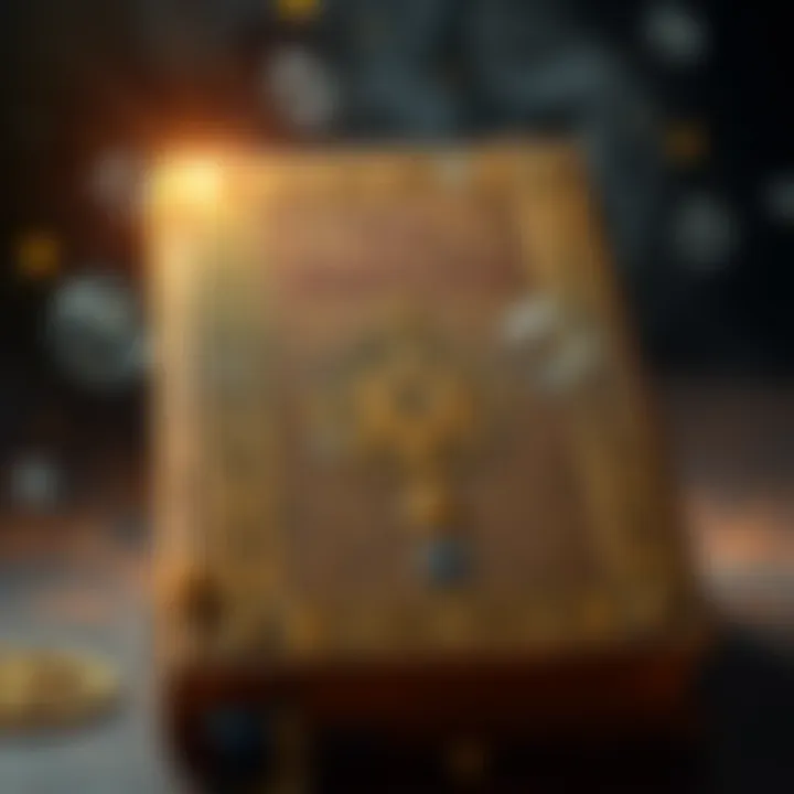 Close-up of the Kybalion book with symbols and text on the cover, surrounded by a light atmosphere to signify its philosophical themes.