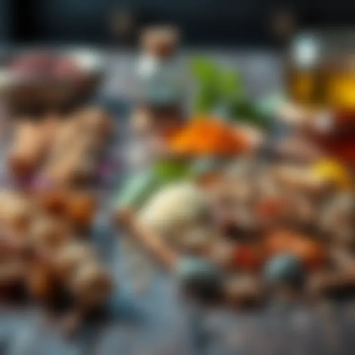 A close-up view of kyphi ingredients including resins, herbs, and spices laid out on a wooden table, showcasing their rich textures and colors.