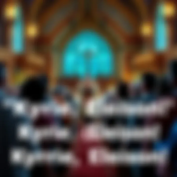 Kyrie, Eleison! Prayer A group of diverse people gathered in a church, with one person leading a prayer