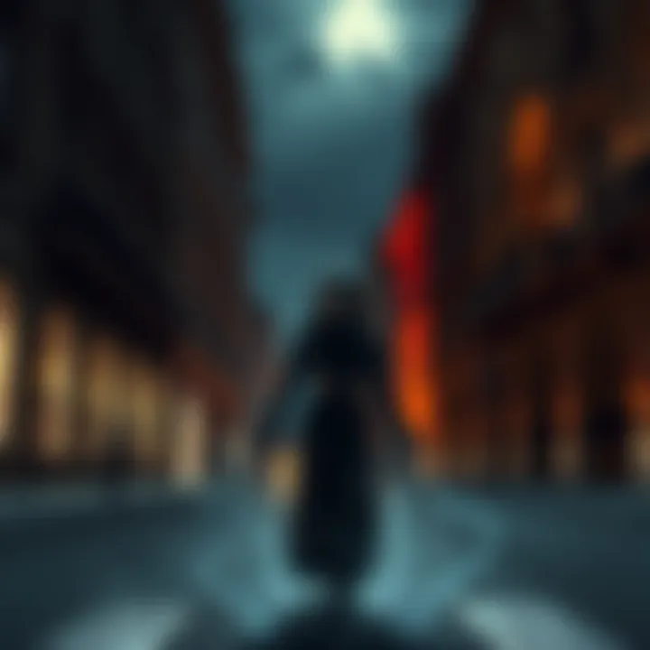 Figure of La Llorona seen in the streets of Mexico City at night, surrounded by shadows and historic buildings.