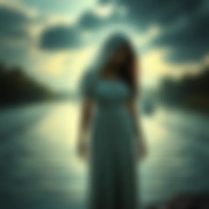 A ghostly figure in a white dress stands by the river, looking sorrowful with flowing hair and a haunting expression.