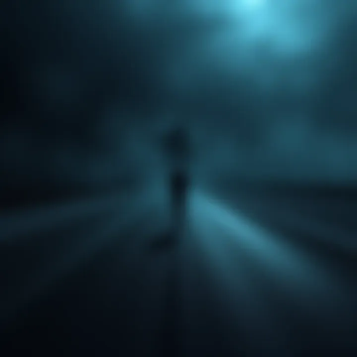 A man running on a dark, deserted road with a ghostly figure of La Llorona chasing him in the shadows.