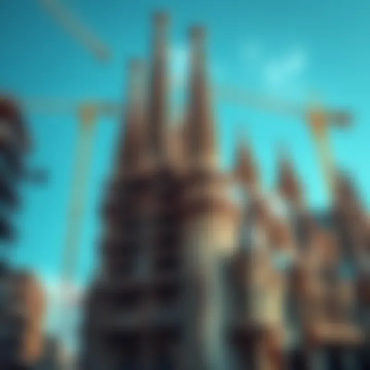A view of the ongoing construction of La Sagrada Cathedral with scaffolding and cranes, symbolizing patience and time in achievements.