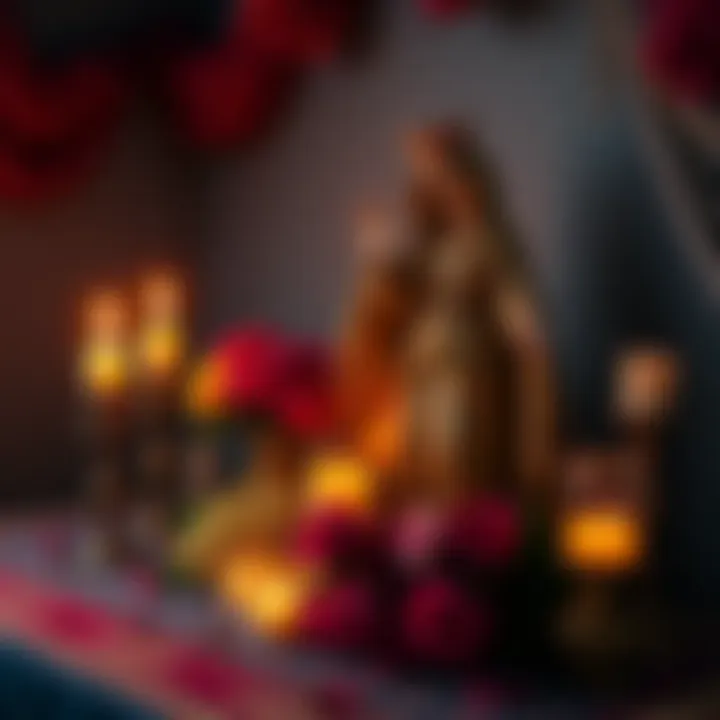 A neatly arranged altar for La Santa Muerte featuring candles, flowers, and offerings