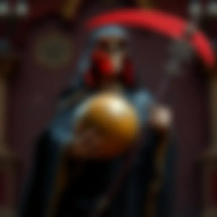 A detailed statue of La Santa Muerte, draped in a black cloak, holding a globe and a scythe, symbolizing protection and death.