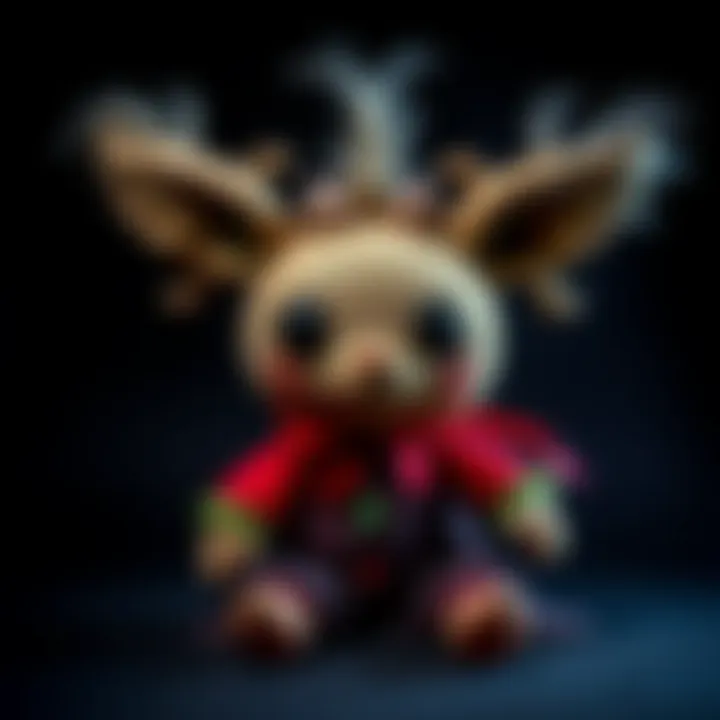 The Labubu doll designed by Kaising Long, featuring a mix of whimsical and horror elements, placed against a dark background.