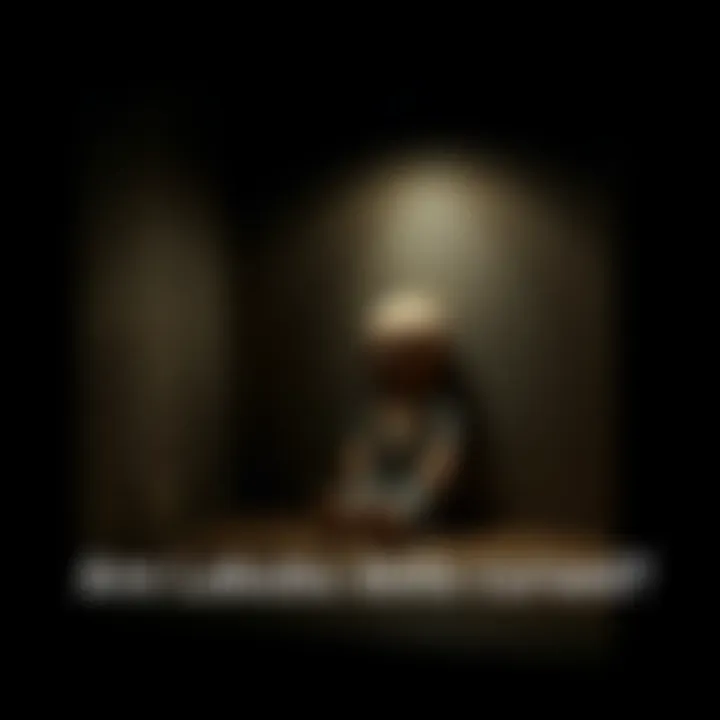 A Labubu doll sitting on a shelf in a dimly lit room, with a shadowy background, creating an eerie atmosphere.