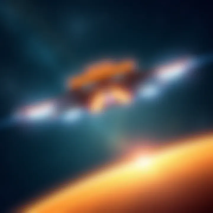 A depiction of the Lacatski UAP with advanced features, hovering against a night sky filled with stars, showcasing bright lights and unique geometric shapes.