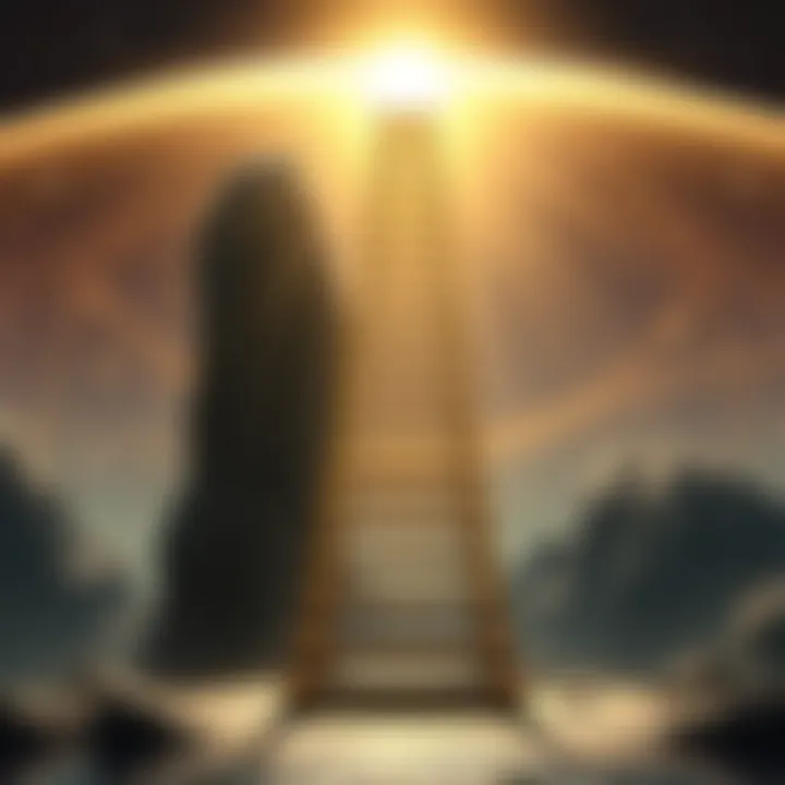 The Enigmatic Ladder of Hekate A captivating view of a golden obsidian ladder, symbolizing spiritual ascent and ancient wisdom, set against a celestial backdrop.