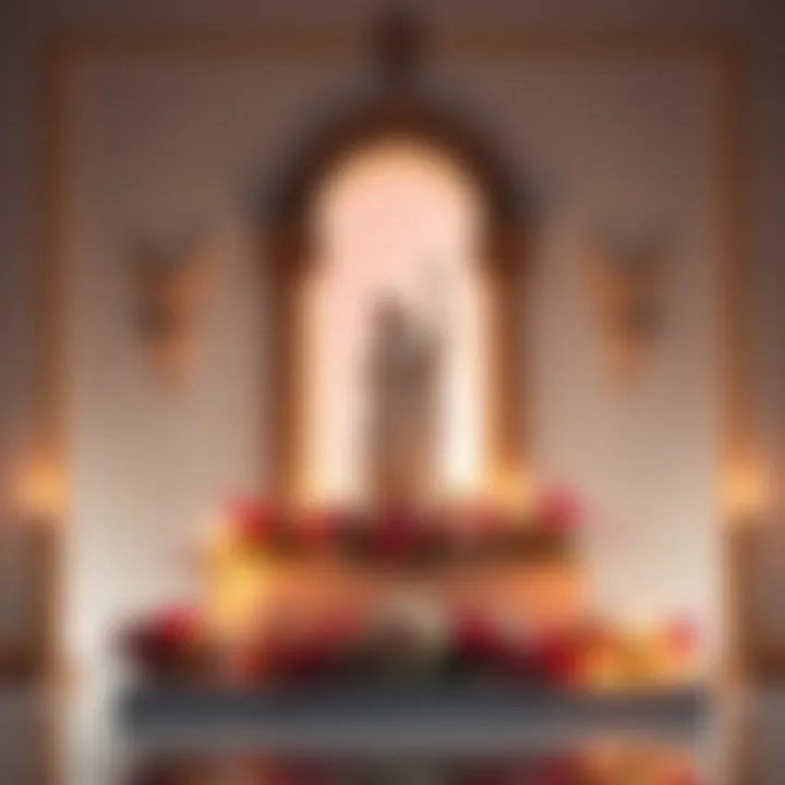 A serene altar decorated with flowers and candles, honoring Lady Aphrodite, symbolizing love and devotion.