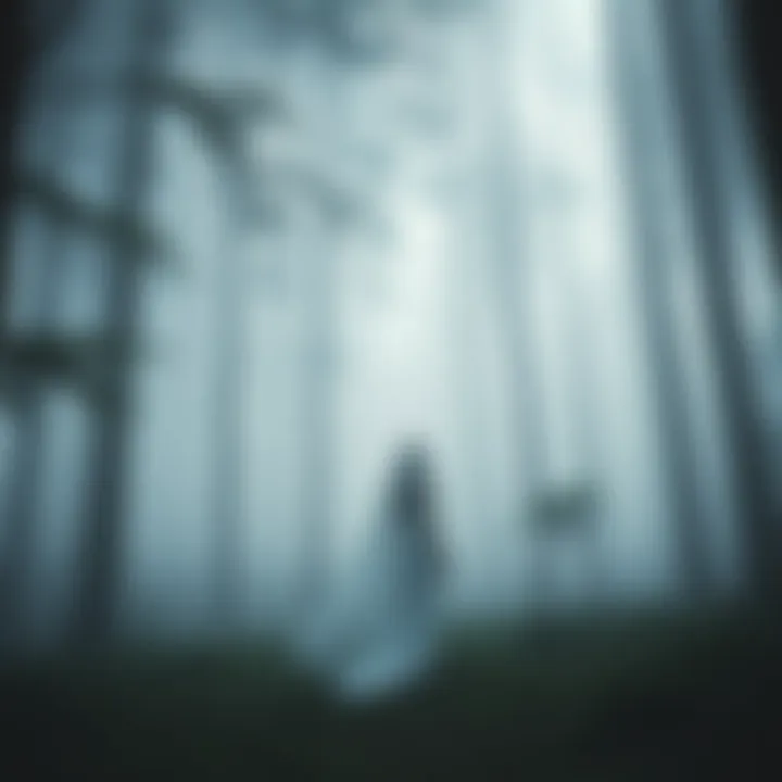 A woman in a flowing white dress stands in a foggy forest, surrounded by tall trees and soft light, representing the Lady in White legend.