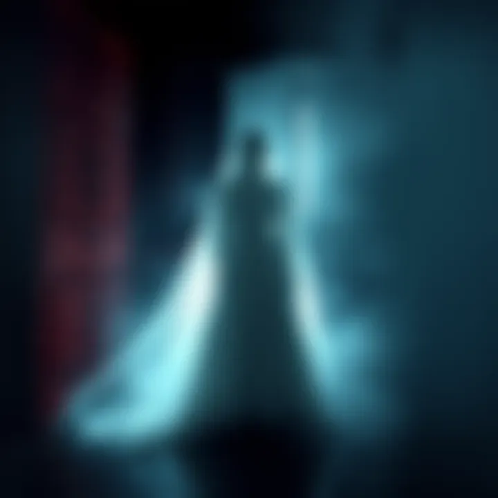 A ghostly figure dressed in a flowing white gown standing in a dimly lit room, with a shadowy presence nearby.