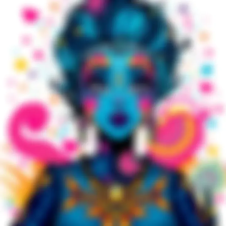 A colorful artistic doodle representing Lady Iset with vibrant patterns and shapes that evoke emotion and creativity