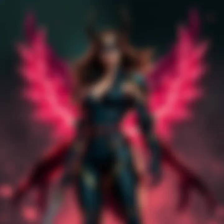 A powerful female character, Lady Hel, stands confidently with a dramatic backdrop, representing her influence in modern storytelling.