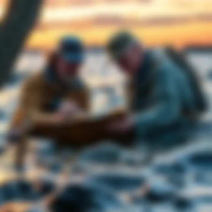 The Lagina brothers exploring Oak Island with maps and tools, searching for treasure.