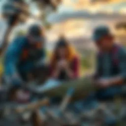 The Laginas examining a map with tools and equipment in a scenic outdoor setting, focused on treasure hunting