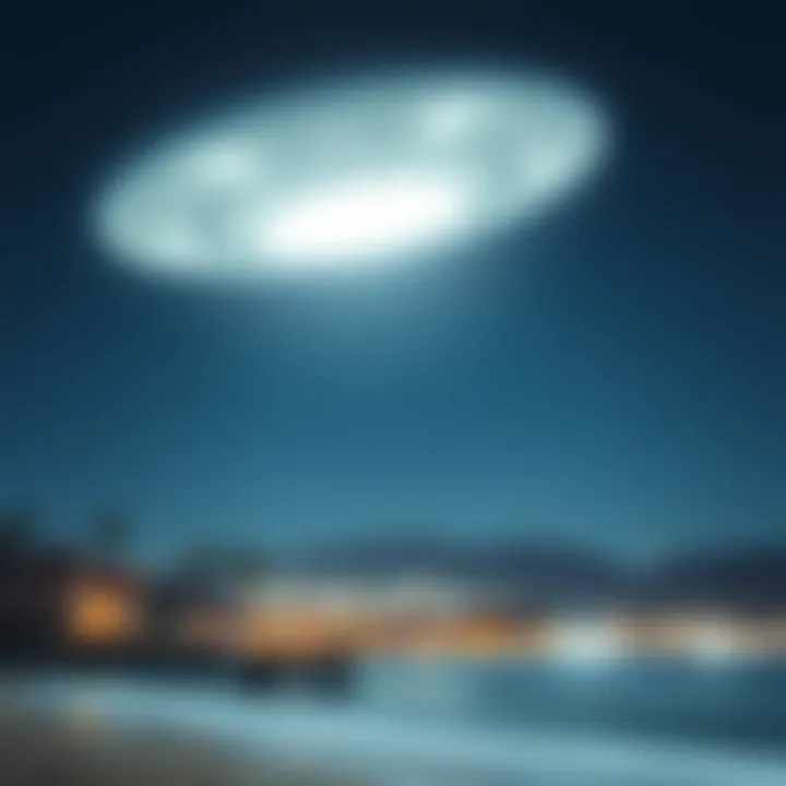 A mysterious white orb glowing in the night sky above Laguna Beach, reminiscent of a historical UFO encounter.