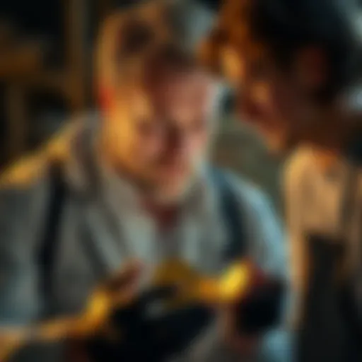 Archaeologist Laird Niven examining exonumia coins, with a look of curiosity as he discusses with his colleague Marty.