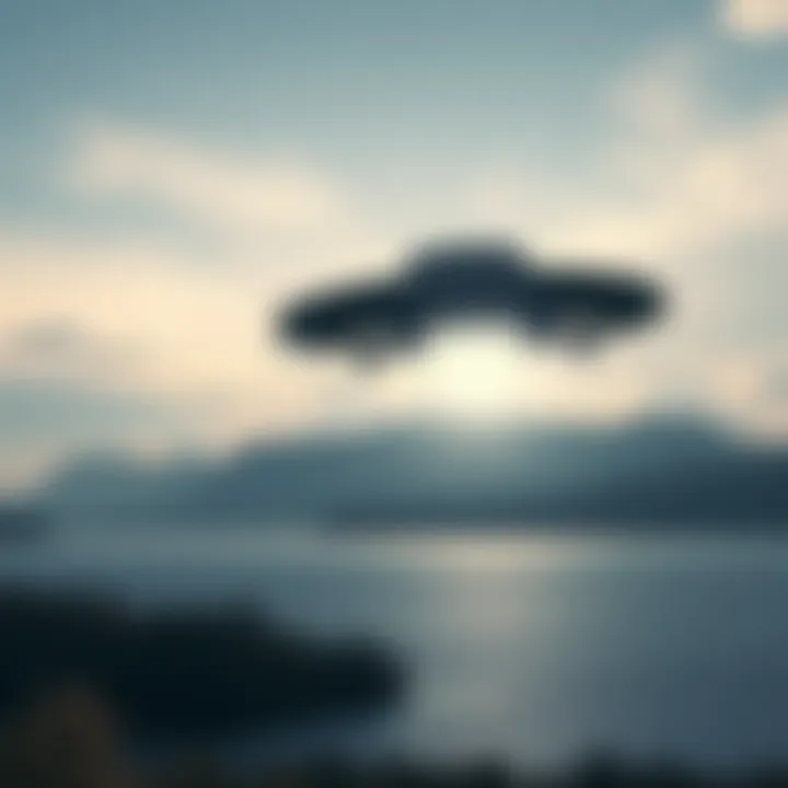 A clear photograph of a UFO captured over Lake Cote, with a bright object in the sky and scenic lake surroundings.