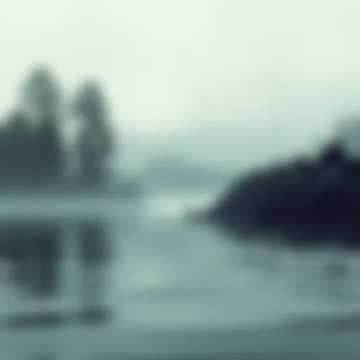 An imagined lake monster partially submerged in water, resembling a large aquatic creature with a long neck and scales, surrounded by trees and misty hills in the background.