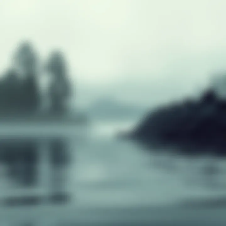 An imagined lake monster partially submerged in water, resembling a large aquatic creature with a long neck and scales, surrounded by trees and misty hills in the background.