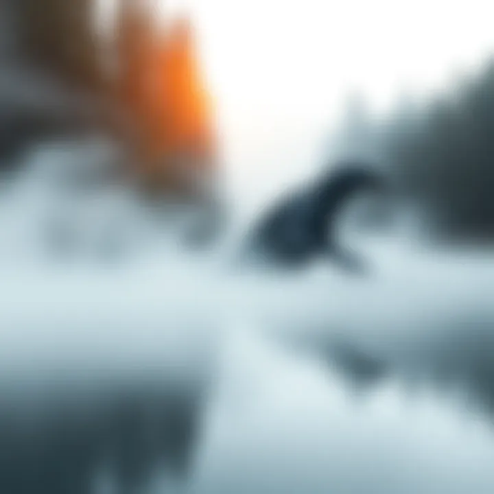 A large, long-bodied creature partially emerging from a serene lake, surrounded by mist and trees, evoking legends of Ness and Champ.