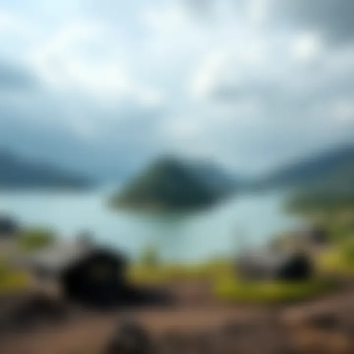 A serene but eerie view of Lake Nyos, surrounded by lush hills, with ghostly remains of houses in the foreground, symbolizing the tragic event of 1986.